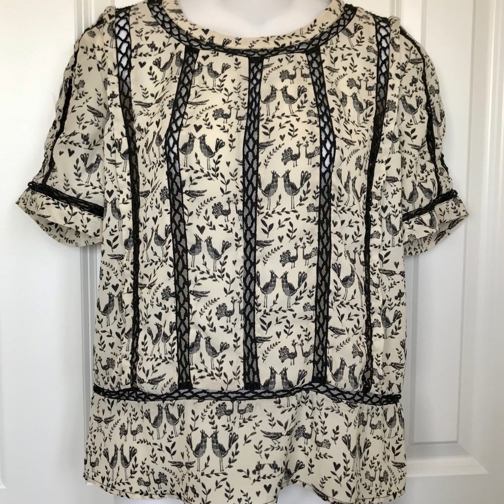 Anthropologie Meadow Rue Bird Print Crochet Blouse